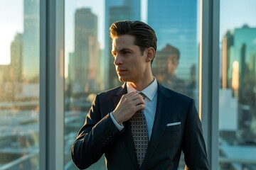 A confident businessman in a sharp suit adjusts his tie while standing before a panoramic window with a city skyline at sunset