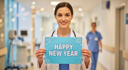 Doctor Wishes Happy New Year - Female doctor in a hospital hallway holds a sign wishing a happy new year. Healthcare professional celebrating the holiday season at work