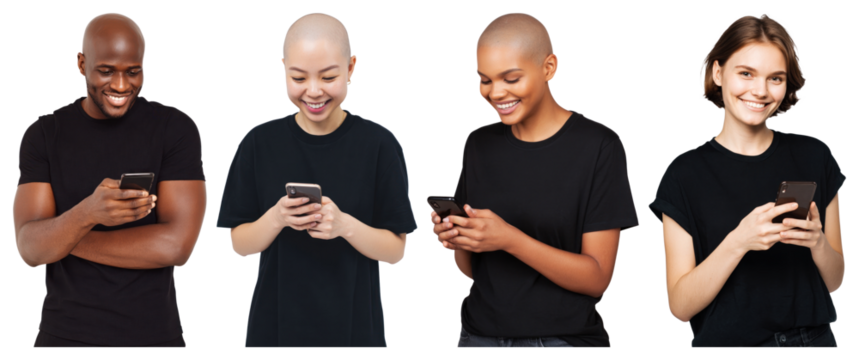 PNG Diverse people using smartphones, element set on transparent background