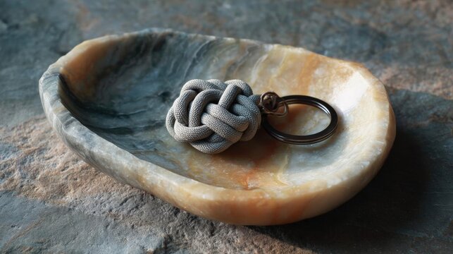 Small keychain in the shape of an oyster shell. the shell is light brown in color and has a rough texture. the keychain is made of a gray rope-like material and is attached to a black metal ring.