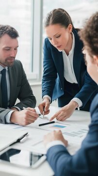 Group of business professionals discussing documents and charts during a meeting in a bright, modern office. Teamwork, strategy, and cooperation for successful business outcomes.