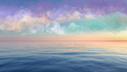 Calm ocean water meets a colorful sky with soft clouds.