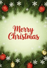 Festive Christmas Greeting with Evergreen and Ornaments - A cheerful holiday featuring "Merry Christmas" text surrounded by evergreen branches, snowflakes, and colorful ornaments.