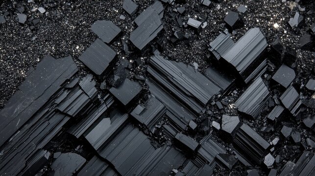 Polished black obsidian shards embedded in a shimmering dark matrix creating a textured geological background