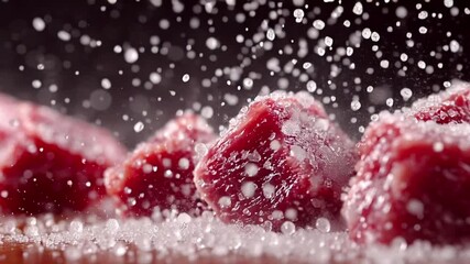 Sizzling steak pieces getting seasoned with flurry of salt for gourmet meal preparation, perfect for food bloggers and culinary promotions