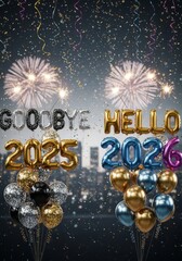 Festive New Year Celebration Backdrop - A vibrant New Year's scene with balloon messages and fireworks, symbolizing transition, celebration, and new beginnings.