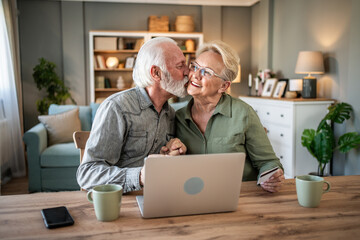 Fototapeta premium Senior couple sharing affection while online shopping at home