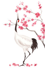 Obraz premium Dancing japanese red-crowned crane with the sakura on background. Watercolor handmade illustration. For fabric, wallpaper, greeting cards, design, decoration and illustration.