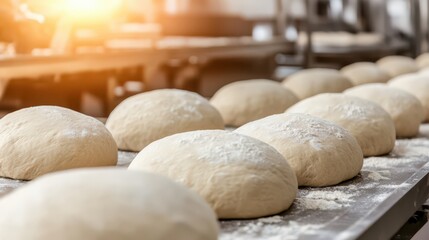 Freshly prepared dough balls are lined up on a baking tray, dusted with flour, ready for the next step in the baking process.