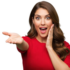 Woman with surprised expression pointing to the side isolated on transparent background