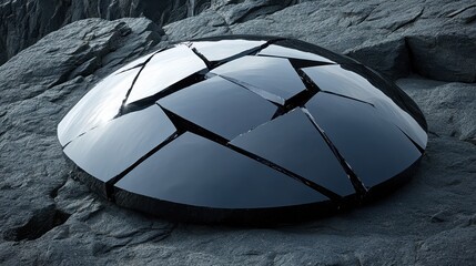 Precisely cut obsidian fragments with sharp angles arranged on a rough rocky surface showcasing a dark reflective geometric pattern