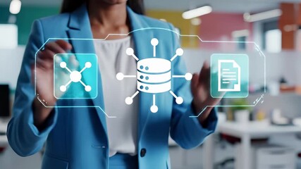 Businesswoman presents virtual database management system with holographic network icons, server storage cylinder, document file, and connection nodes. Digital interface represents data organization - Powered by Adobe