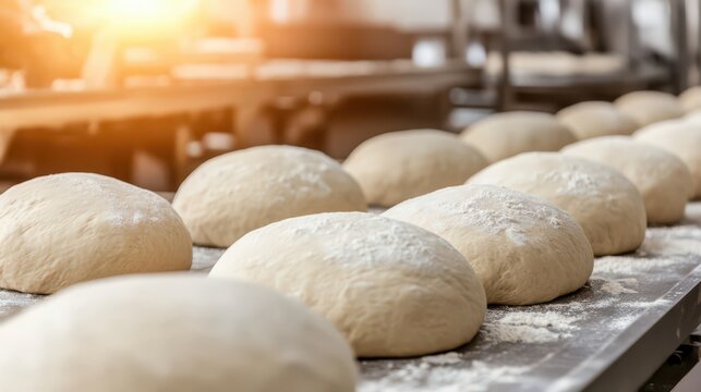 Freshly prepared dough balls are lined up on a baking tray, dusted with flour, ready for the next step in the baking process.