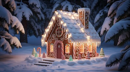 Enchanting gingerbread house adorned with twinkling lights and icicles nestled in a snowy winter forest setting