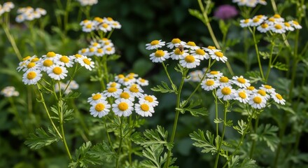 Feverfew Daisies in Natural Light - Close up of feverfew daisies with white petals and yellow centers. Symbolizing healing, purity, resilience, nature, and sunshine