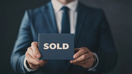 A businessman in a suit holds a sign that reads "SOLD," indicating a successful transaction or sale.