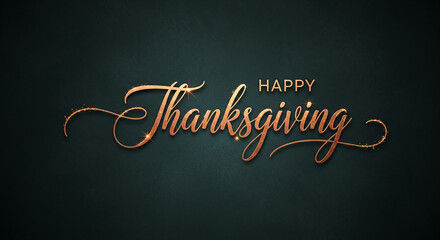 Elegant script "Happy Thanksgiving" in golden tones against dark green, evoking festive gratitude and seasonal warmth for autumnal celebrations