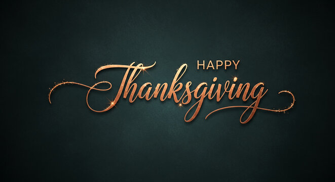Elegant script "Happy Thanksgiving" in golden tones against dark green, evoking festive gratitude and seasonal warmth for autumnal celebrations