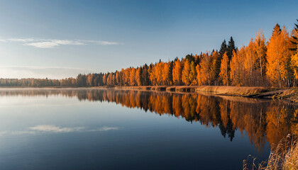 Calm lake reflects autumn trees under a clear blue sky.
