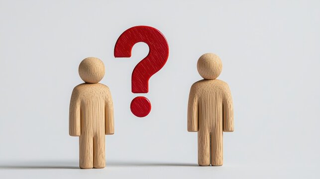Two wooden figures stand facing each other, with a large red question mark between them, symbolizing inquiry or uncertainty.