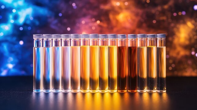 Row of clear glass vials filled with luminous liquids of varying colors creating an abstract light display
