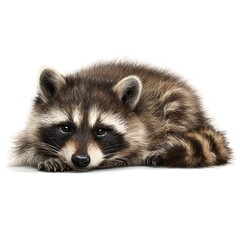 Fototapeta premium Playful Raccoon: A charming raccoon rests peacefully, its distinctive markings and gentle gaze convey a sense of playful calm.