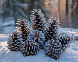 A cluster of frosted pinecones rests on a blanket of soft snow evoking a serene winter forest scene with blurred trees in the background