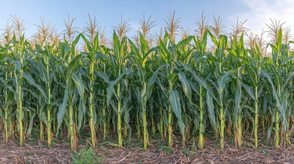 Rows of organic corn stalks standing tall in a field of green