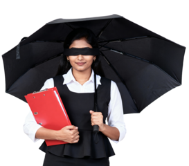 Smiling woman with blindfold holding clipboard under umbrella concept for uncertainty and risk manag