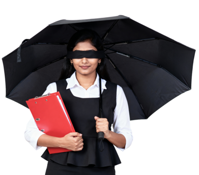 Smiling woman with blindfold holding clipboard under umbrella concept for uncertainty and risk manag