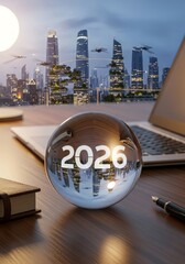 Future Vision Crystal Ball Office - A crystal ball with 2026 reflects a futuristic city, symbolizing progress, innovation, foresight, technology, and vision on a wooden office desk with a laptop