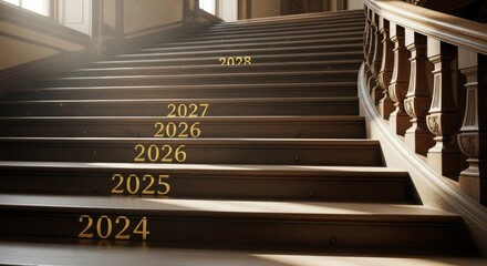 Future Years on Stair Steps - Conceptual showing steps leading up to future years, symbolizing progress, advancement, aspirations, milestones, and anticipation