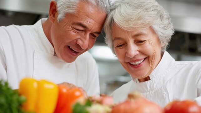 Elderly couple in a kitchen, both wearing white chef's uniforms. they are standing in front of a table with a variety of fresh vegetables, including bell peppers, onions, and leafy greens.