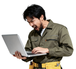 Frustrated worker using laptop stressed and angry isolated on white background