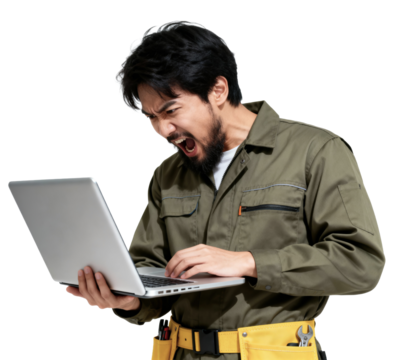 Frustrated worker using laptop stressed and angry isolated on white background