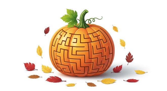 Orange pumpkin with maze pattern and green stem, surrounded by colorful leaves. Represents autumn, Halloween, and problem-solving, playful seasonal concept