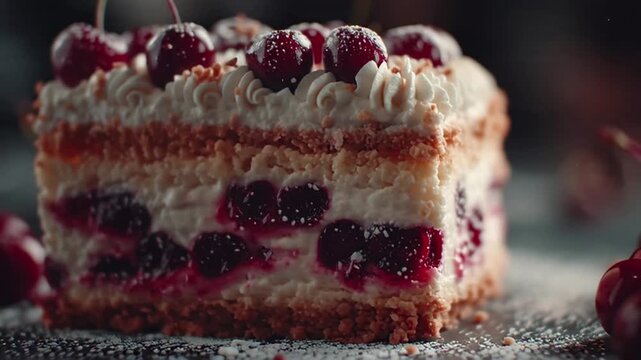 Cherry delight cake slice with creamy frosting, a culinary masterpiece perfect for dessert lovers and bakery promotions, tempting the taste buds