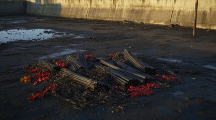 Scattered bundles of industrial tubing some frayed and red elements on dark ground