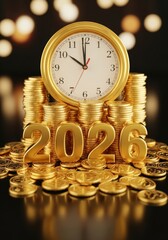 Gold Coins Clock Year Two Thousand Twenty Six - Gold coins with clock showing almost midnight for the year two thousand and twenty six on a dark background