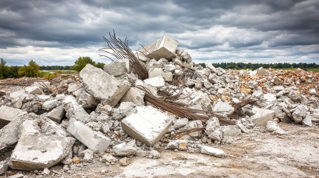 Scattered fragments of reinforced concrete and twisted rebar lie piled on the ground at a demolition site under an overcast sky