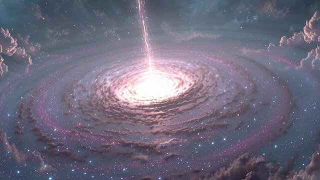 Witness the dynamic birth of a vibrant spiral galaxy as cosmic energy explodes into existence through swirling celestial clouds and starlight bursts