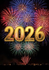 Golden 2026 With Fireworks Celebration - A vibrant close-up celebrating 2026 with dazzling fireworks. Symbolizes new beginnings, hope, joy, festivity, and anticipation