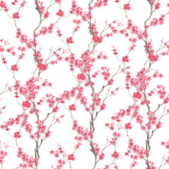 Fototapeta premium Seamless pattern of sakura branches. Watercolor handmade illustration. For fabric, wallpaper, greeting cards, design, decoration and illustration.