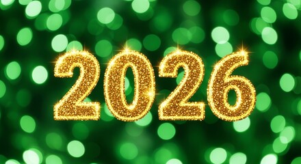 Golden 2026 Year Celebration - Sparkling golden 2026 text against a blurred green bokeh background, perfect for new year celebrations and festive designs