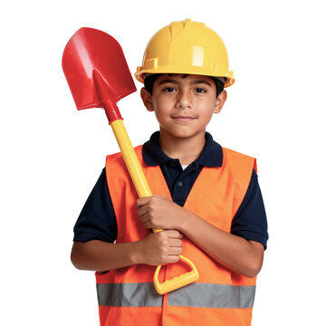 Young boy dressed as construction worker holding a shovel isolated on white background