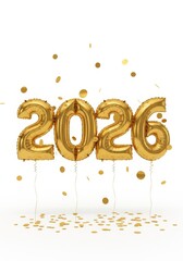 Golden Balloons for the Year 2026 Celebration - Golden balloons forming "2026" with falling confetti, symbolizing celebration, success, anticipation, new beginnings, and prosperity
