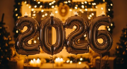 Golden Celebration Balloons for Two Thousand Twenty Six - Shiny golden balloon numbers forming 2026 lit by candles, warm lights, and decorated with Christmas tree in background symbolizing