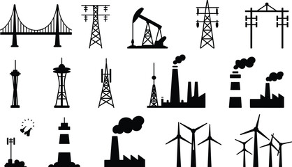 Industrial and infrastructure icon set, energy towers, factories, wind turbines, oil pump, bridge silhouettes for engineering, construction, utility, and power concepts
