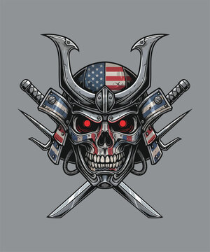 American Patriot Skull Samurai Warrior with Crossed Swords and Red Eyes Illustration Art