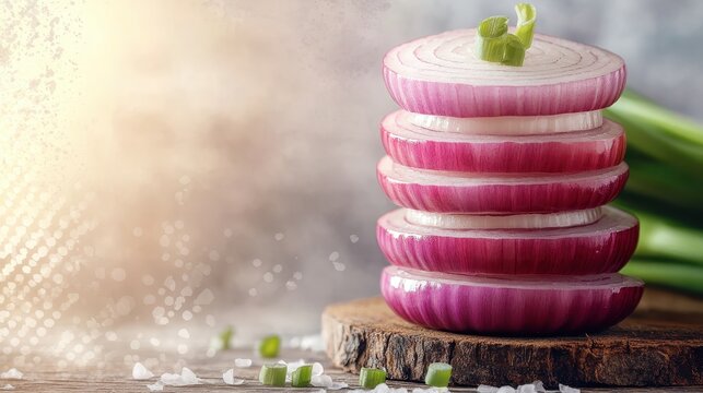 Sliced Organic Red Onions Stacked on a Wooden Surface - Powered by Adobe